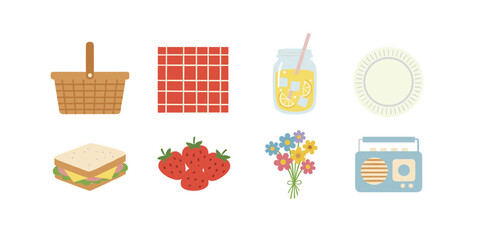 Picnic day vector elements set with picnic basket red checkered blanket lemonade jar sandwich strawberries flowers and vintage radio