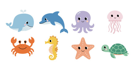 Obraz premium Adorable ocean animals collection featuring whale dolphin octopus jellyfish crab seahorse starfish and sea turtle cartoon characters