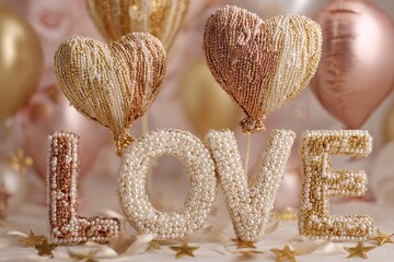 Decorative beaded letters spelling out love accompanied by heart shaped ornaments and pastel balloons