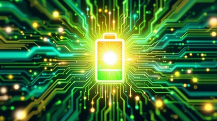 Glowing digital battery icon illuminates a vibrant green and yellow electronic circuit board background concept