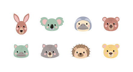 Cute Animal Faces Avatar Collection Featuring Kangaroo Koala Platypus Bear Wombat Hedgehog and Panda Characters for Kids