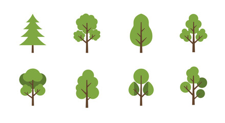 Set of Minimalist Green Tree Icons with Different Shapes and Structures Representing Forest Nature Environment and Gardening