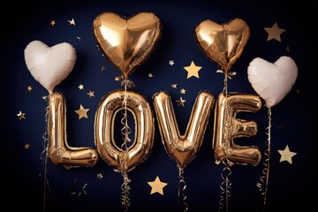Foil balloons spelling the word love are suspended against a dark background scattered with golden star confetti