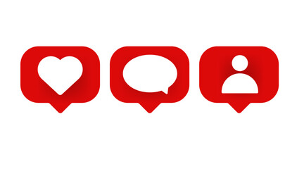 Social media notification icons set. Includes like, comment, and follow symbols. Flat vector illustration for apps, websites, and user interface design.Social media notification icons set. 