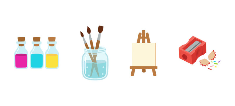 Essential art supplies set featuring colorful paint bottles glass jar with brushes small wooden easel and red pencil sharpener