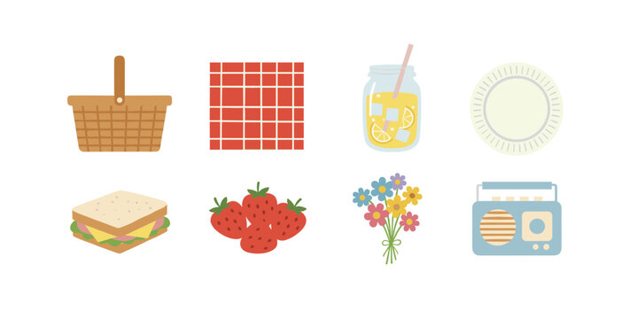 Picnic day vector elements set with picnic basket red checkered blanket lemonade jar sandwich strawberries flowers and vintage radio
