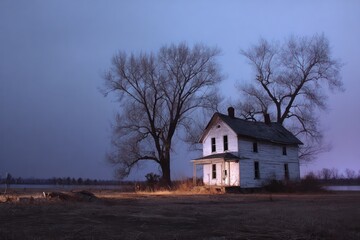 Fototapeta premium Abandoned haunted house next to barren trees on a windy night minimal