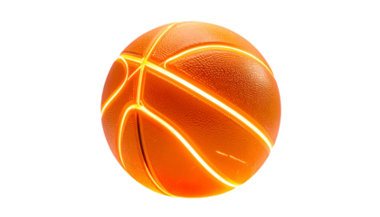A vibrant, glowing basketball against a stark black background, showcasing illuminated lines and detailed texture. A futuristic aesthetic