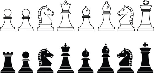 Set of black and white chess piece icons including king queen bishop knight rook and pawn in flat style © Bappi