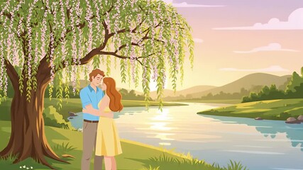 Flat animated loving couple embracing by a tranquil river under a blooming willow tree at golden hour with soft pastel colors - Powered by Adobe