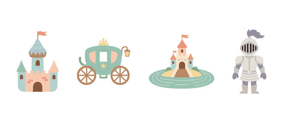 Obraz premium Fairytale Kingdom Set with Castle Fortress Royal Carriage and Medieval Knight Armor Vector Illustration for Kids Design Projects