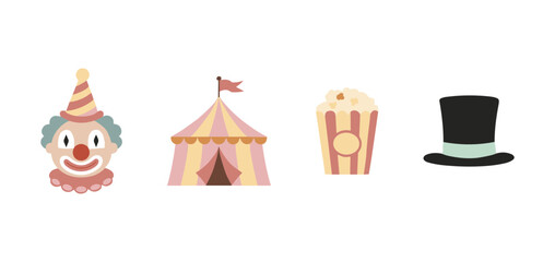 Fun circus entertainment set with cute clown face big top tent popcorn bucket and black magician top hat icons for festival events