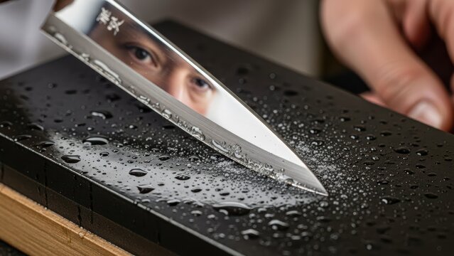 A hyper-detailed close-up of sharpening a Yanagiba sashimi knife on a whetstone. Water droplets bead on the dark stone. The blade glides at a perfect 15-degree angle, creating a fine, steel slurry.