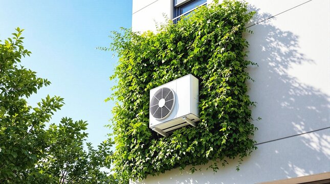 Outdoor air conditioning condenser unit partially hidden by lush green ivy growing on a building facade