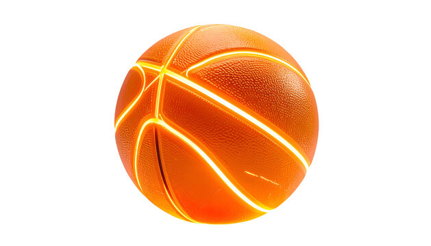 A vibrant, glowing basketball against a stark black background, showcasing illuminated lines and detailed texture. A futuristic aesthetic - Powered by Adobe