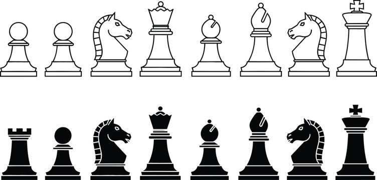 Set of black and white chess piece icons including king queen bishop knight rook and pawn in flat style