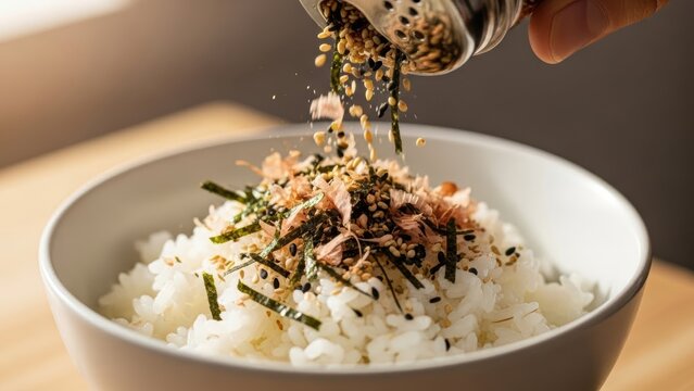 A shot of applying the final furikake seasoning to a bowl of rice. A mix of sesame seeds, dried seaweed, and bonito flakes falls from a shaker, creating a colorful.