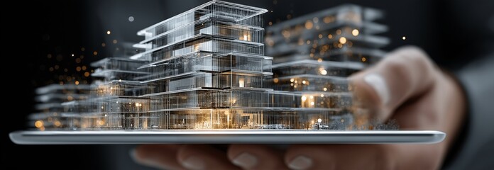 In the engineer's hand, a futuristic 3D building model floats over the tablet.