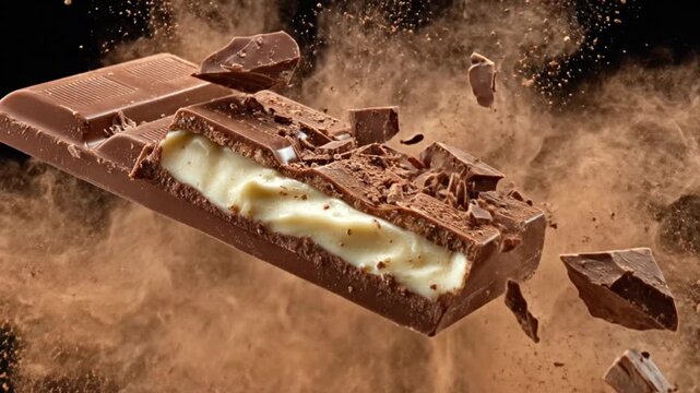 A dramatic chocolate bar explodes midair, revealing creamy filling amid shards and dust with sparks