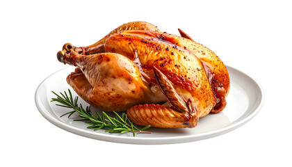 A whole roasted chicken, golden brown with crispy skin, sits on a white plate with rosemary sprig on a black background