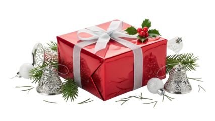 Festive Red Gift Box With Silver Bow Holly And Christmas Ornaments