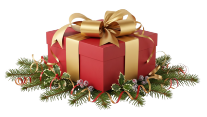 Festive Red Gift Box With Gold Bow And Christmas Decorations
