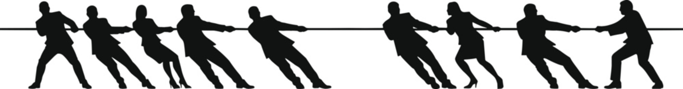 Business people silhouette engaged in tug of war competition representing corporate struggle teamwork and conflict on white background