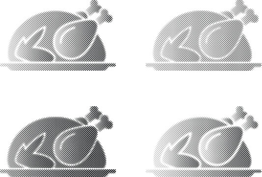 Roasted turkey icons with different halftone dot designs isolated on transparent background, Vector