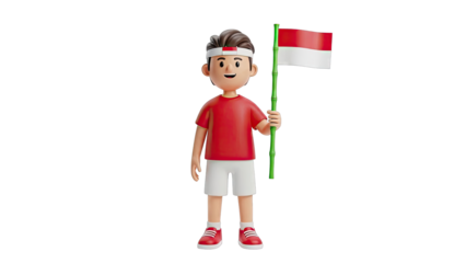 Cartoon boy holding Indonesian flag