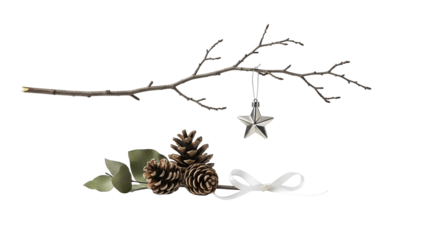 Festive Winter Decor Pinecones Branch Star And White Ribbon