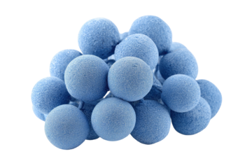 Cluster of textured light blue spheres on a black background