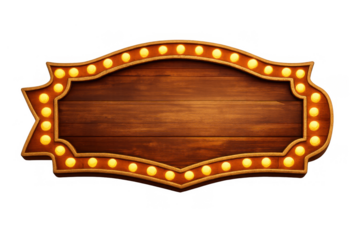 Retro wood frame sign with glowing marquee light bulbs, vintage theater announcement board, transparent background