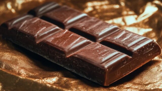 A glossy chocolate bar lies on crinkled! gold foil, segmented squares catching soft light with light