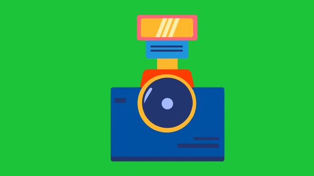 Flat camera with flash icon on green background. Modern photography symbol for media, recording, and visual content use