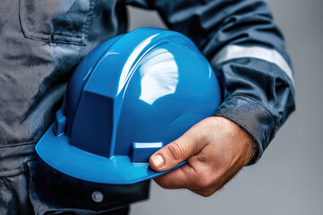 Blue hard hat construction worker safety gear protective equipment hand uniform close up industrial job site manual labor professional