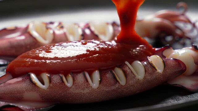 Grilled squid with sauce being poured for a gourmet seafood dish