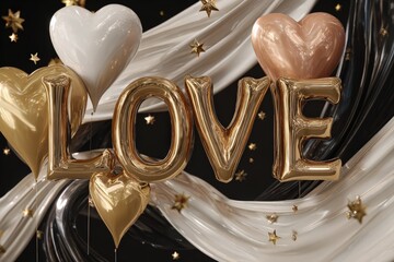 Metallic foil balloons spelling out the word 'love' feature prominently against a flowing dark and light draped background.
