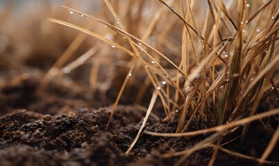 Fototapeta premium vetiver grass in rich dark soil, dew drops visible, warm earthy tones