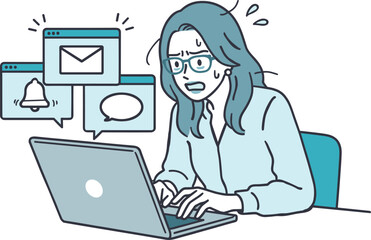 通知に追われてパソコン作業をする女性のイラスト_デスクワーク