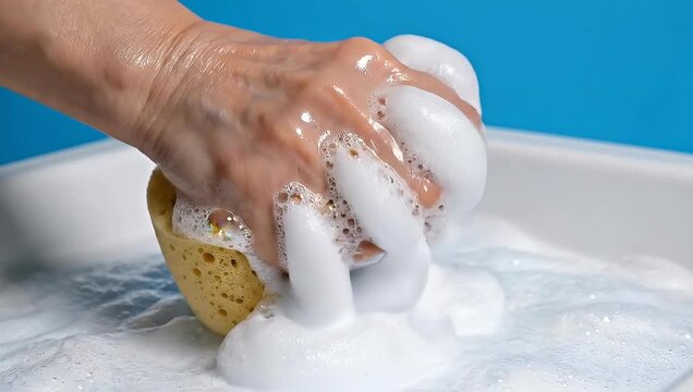 Senior Woman hands squeezing yellow sponge with foam representing Domestic Hygiene Standards.
