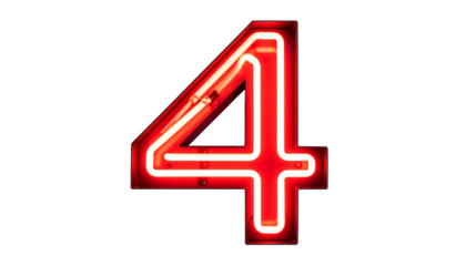 Illuminated neon digit four glows brightly against a stark black backdrop. The vibrant red lines create a striking visual impact