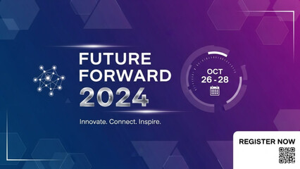 Future forward 2024 event banner with innovative concept and registration qr code on purple