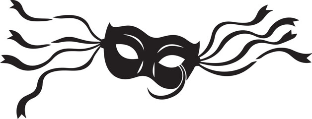 Black masquerade mask with flowing ribbons on white background