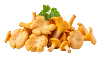 Freshly harvested bright yellow chanterelle mushrooms piled together featuring distinctive wavy caps and delicate gills often sought after by gourmet chefs for their unique flavor profile