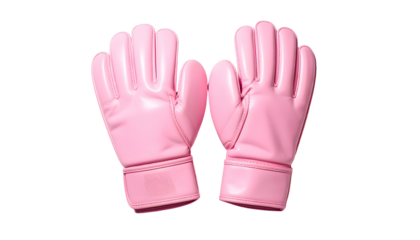 Two pink, shiny gloves rest open on a black background, with seams defining fingers and wrist cuffs