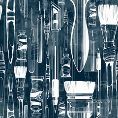 Seamless pattern of hand-drawn art tools in line art, including pens, brushes and nibs and paints. Design for textile, fabric, packaging, decoupage, prints, souvenirs.