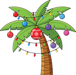Tropical Christmas palm tree decorated with colorful ornaments, festive baubles, and fairy lights for exotic holiday celebration on beach