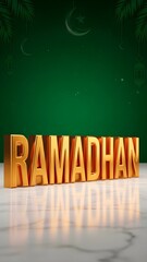 Gold &ldquo;Ramadhan&rdquo; 3D Text on Emerald Luxury Background