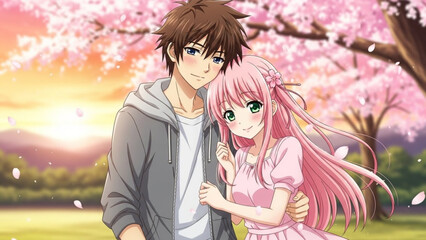 Anime style young couple embracing under blooming cherry blossom tree at sunset