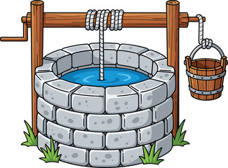 Old stone water well with wooden bucket and rope pulley system vector illustration isolated on white background